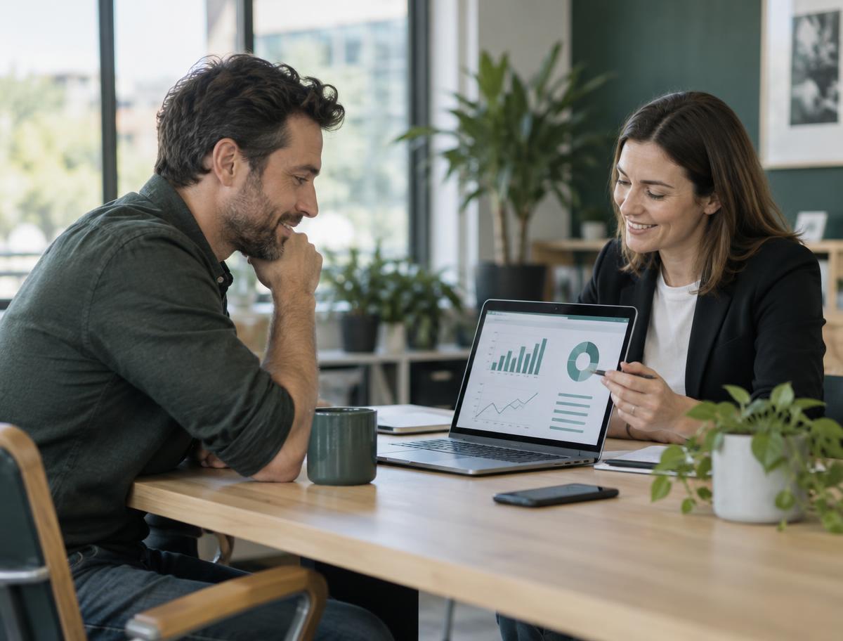 A business owner reviewing funding options with an adviser over a laptop