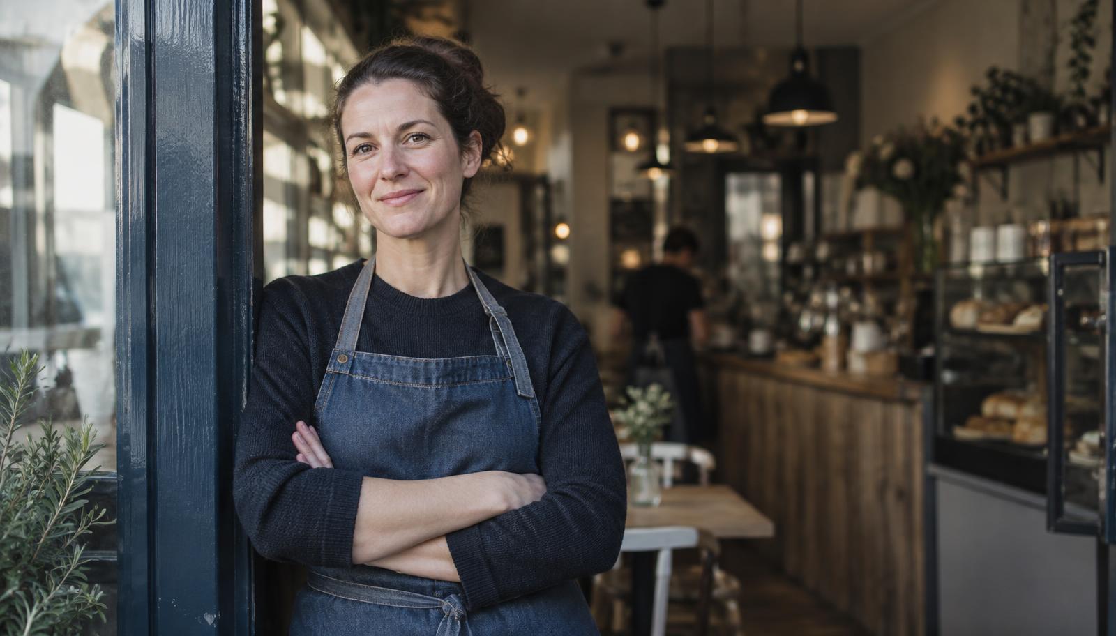 A café owner standing in the doorway of her business