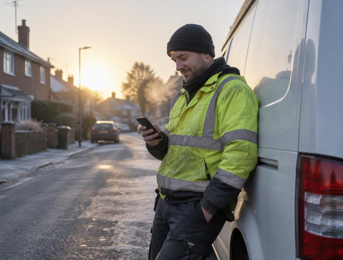 A tradesperson checking a quote on his phone outside his work van